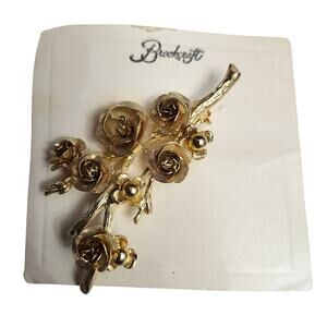 Vtg 1950s Brookcraft Gold Tone Rose  Pin Brooch On Card